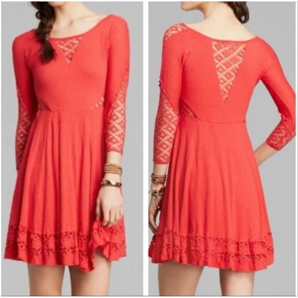 Free People Coral Red Lace-Inset Mini Dress